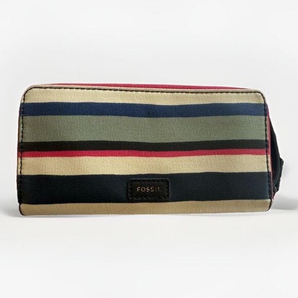Fossil Eliza Blue Multi Color Striped Zip Around Wallet - Picture 1 of 13